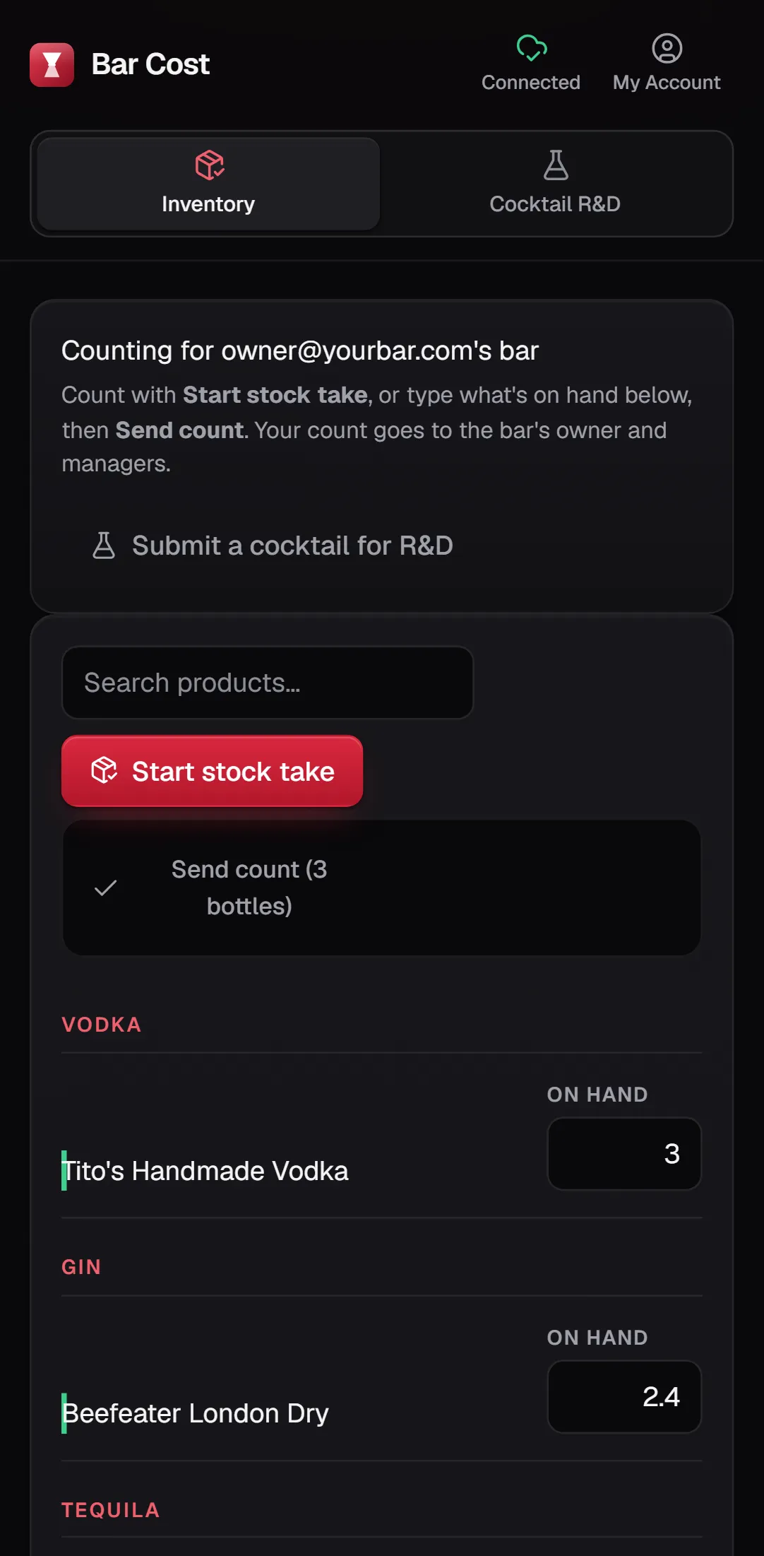A staff member counting on a phone in Bar Cost: bottles with an On hand box and a Send count button